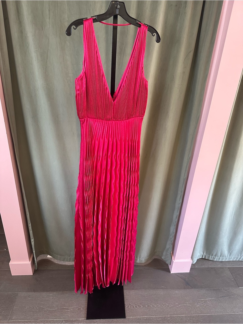 As It May Hot Raspberry Pink Pleated V-Neck Maxi Dress